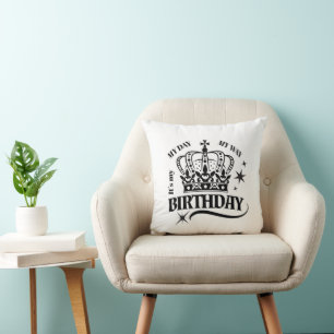 Minimal Black Crown Birthday Quote Typography Cushion