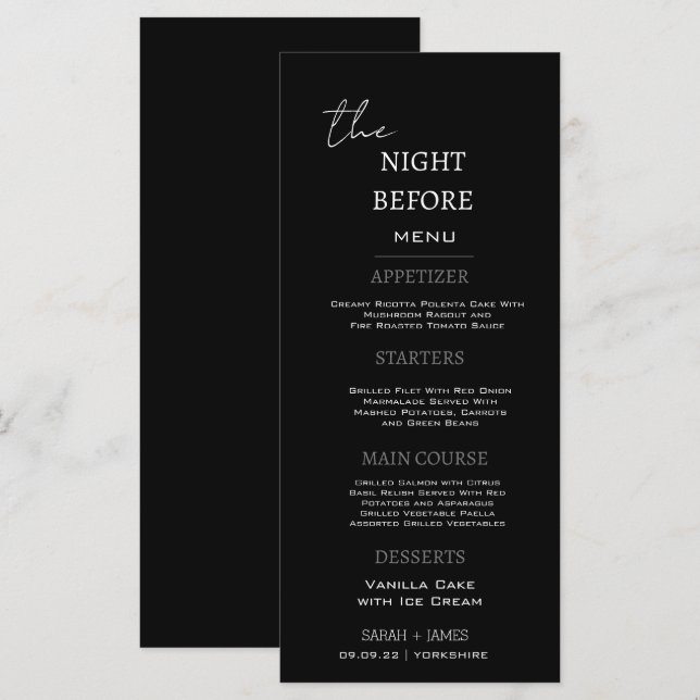 Minimal Black Dinner The Night Before Wedding  Menu (Front/Back)