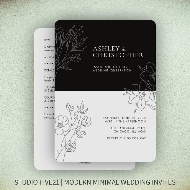 Minimal Black Foliage Outline All-in-One Wedding Invitation (Creator Uploaded)