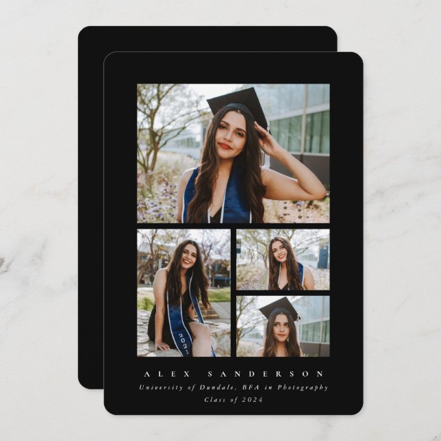 Minimal Black Frame 4 Photo Graduation Announcement (Front/Back)