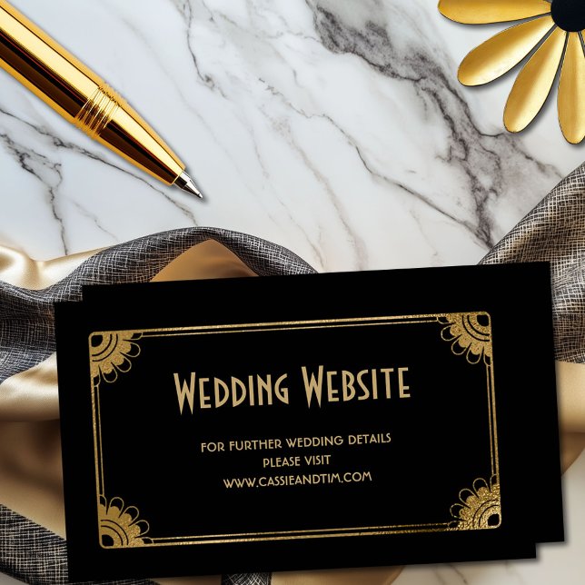 Minimal Black Gold Art Deco Floral Wedding Website Enclosure Card (Elegant black and gold art deco floral wedding website enclosure card)