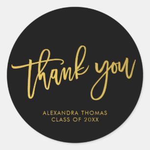 Minimal Black Gold Brush Script Thank You Classic Round Sticker