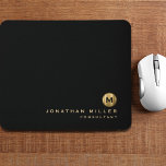 Minimal Black Gold Brushed Metal Monogram Mouse Pad<br><div class="desc">Minimalist monogram design with brushed metal gold monogram medallion; masculine classic block typopgrahy with personalised name and title below on a simple black background. Personalise for your custom use.</div>