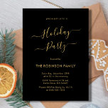 Minimal Black Gold Calligraphy Holiday Party Invitation<br><div class="desc">Modern Black and Gold Calligraphy Minimalist Holiday Party Invitations is perfect for a simple Christmas event. Features an elegant winter „Holiday Party” text in a beautiful hand lettered swirly swash-tail font type in gold on black colour background. Easy to personalise with your name and party details.</div>