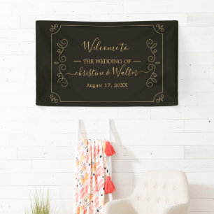 Minimal Black Gold Frame Borders Wedding Party Banner