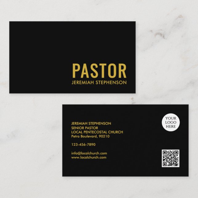 Minimal Black Gold Logo QR Code PASTOR Business Card (Front/Back)