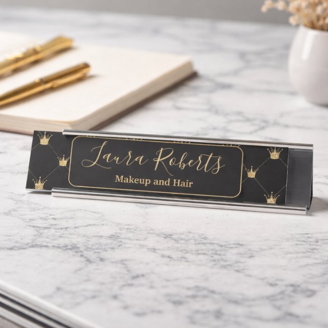 Minimal Black Gold Luxury Crown Pattern Desk Name Plate (Creator Uploaded)