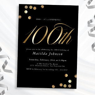 Minimal Black Gold Surprise 100th Birthday Party Invitation