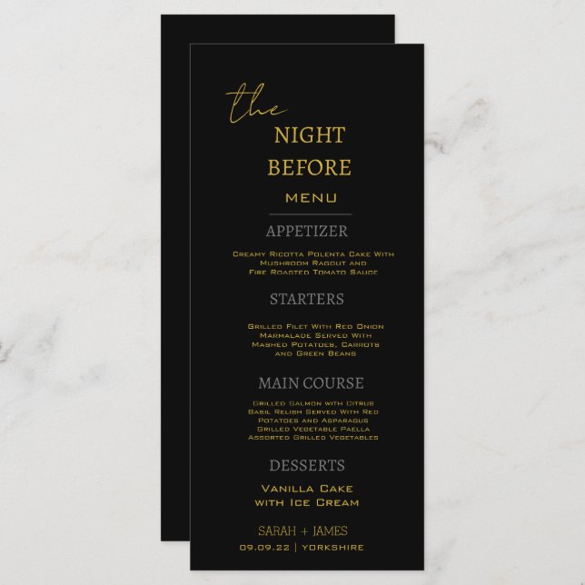 Minimal Black Gold The Night Before Wedding  Menu (Front/Back)