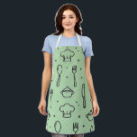 Minimal Black & green Kitchen Pattern Apron<br><div class="desc">Black and white seamless kitchen pattern featuring spoons, forks, knives and cooking elements. A clean and modern design perfect for kitchen aprons, textiles and cooking accessories.</div>