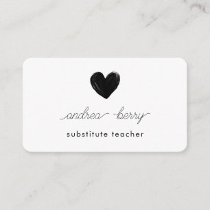 Minimal Black Heart Substitute Teacher Business Card