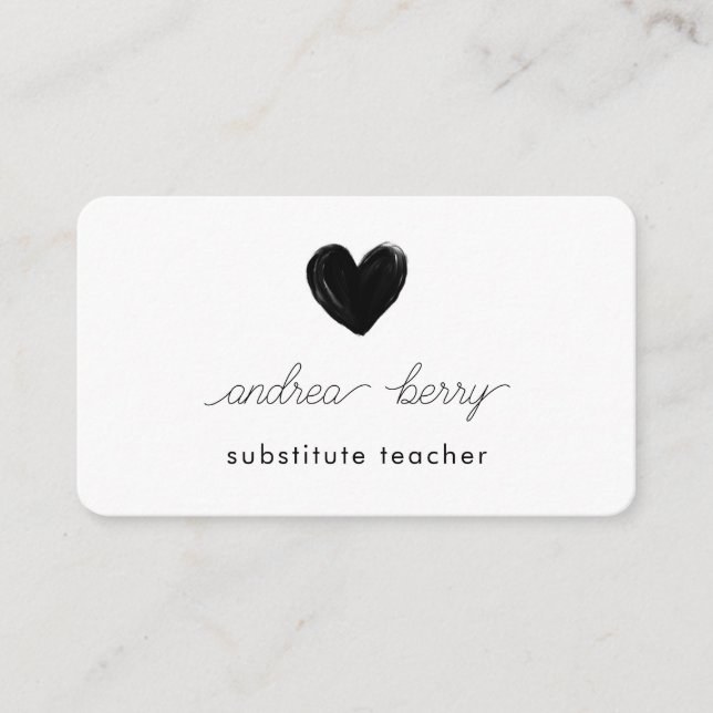 Minimal Black Heart Substitute Teacher  Business Card (Front)