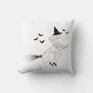 Minimal Black Line Art Of Witch And Bats Halloween Cushion