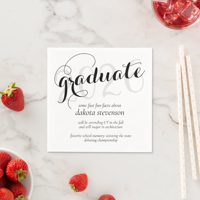 Minimal Black Modern Script Graduation Fun Facts Napkin (Insitu)