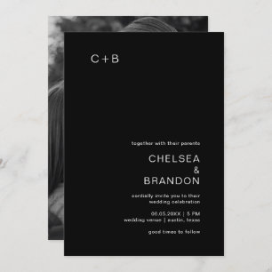 Minimal Black Monogram Photo Modern Wedding Invitation