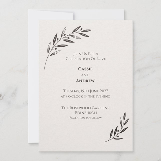 Minimal Black Olive Branch Wedding Invitation (Front)