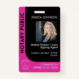 Minimal Black & Pink Notary Logo Photo QR Badge ID Badge