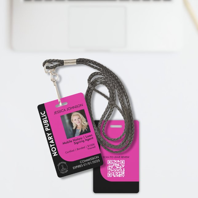 Minimal Black & Pink Notary Logo Photo QR Badge ID Badge (Creator Uploaded)