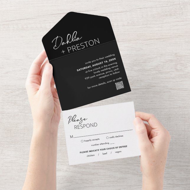 Minimal Black QR Code Modern Wedding All In One Invitation (Tearaway)