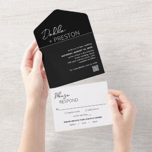 Minimal Black QR Code Modern Wedding All In One Invitation