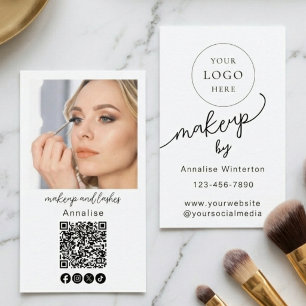 Minimal Black Script Logo QR Code Photo Makeup Business Card