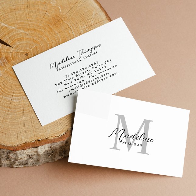 Minimal Black Script Modern White Grey Monogram Business Card (Creator Uploaded)