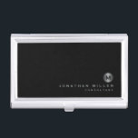 Minimal Black Silver Monogram Business Card Holder<br><div class="desc">Minimalist monogram design with classic block typography silver brushed metal monogram medallion with personalised name and title or custom text below on a simple black background. Personalise for your custom use.</div>