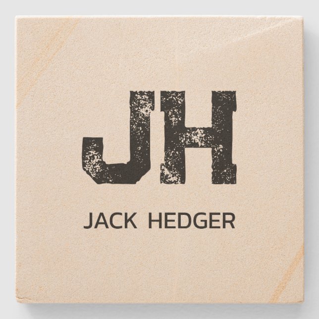 MINIMAL BLACK TWO LETTER MONOGRAM NAME SANDSTONE STONE COASTER (Front)