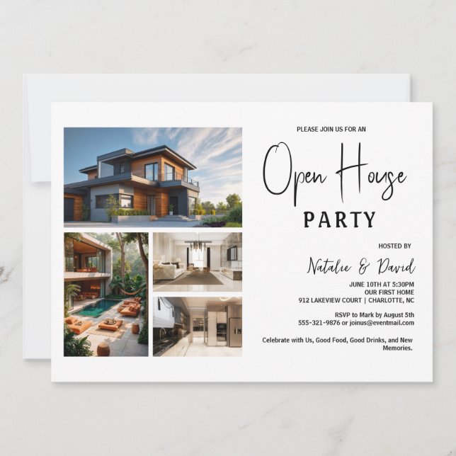 Minimal Black White 4 photo Open House  Invitation (Front)