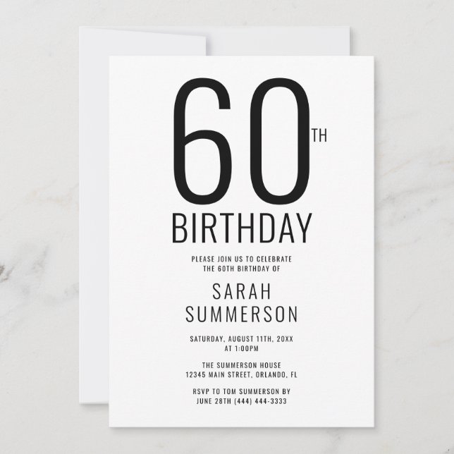 Minimal Black White 60th Birthday Party Invitation (Front)