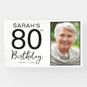 Minimal Black White 80th Birthday Party Photo Banner
