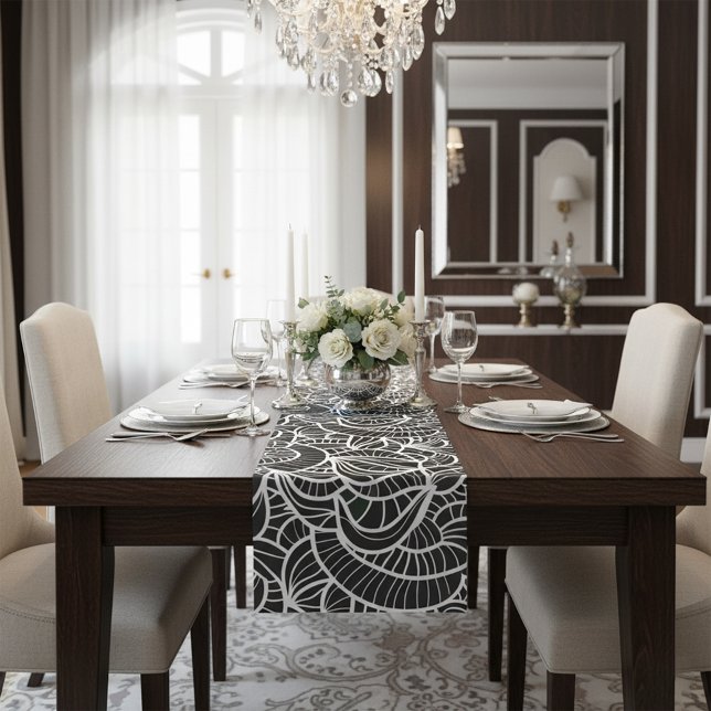 Minimal Black & White Abstract Floral Art Pattern Short Table Runner (Creator Uploaded)