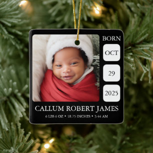 Minimal Black White Baby Birth Stats Ornament