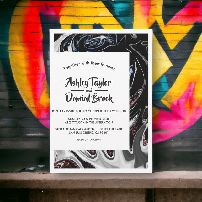 Minimal Black White Blue Flames Abstract Wedding Invitation (Creator Uploaded)