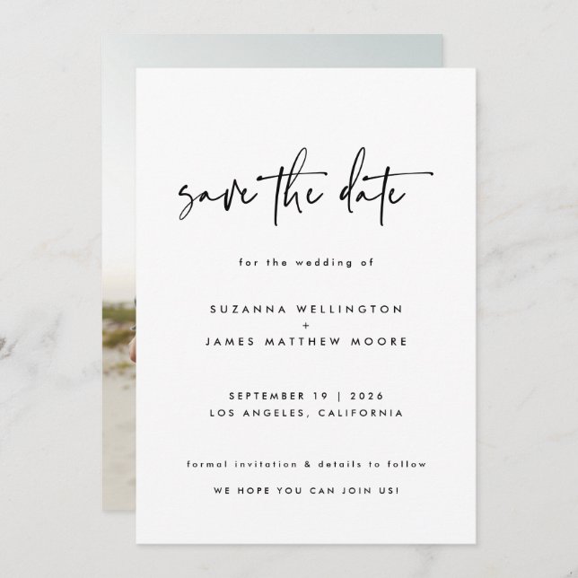 Minimal Black White Calligraphy Wedding Photo Save The Date (Front/Back)