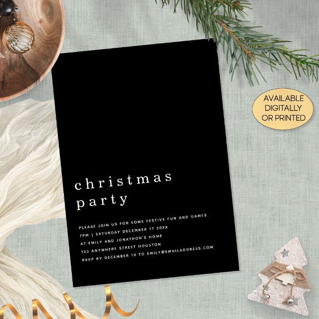 Minimal Black White Christmas Party Black Invitation (Available digitally or printed)