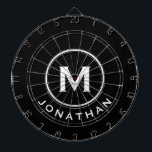 Minimal Black White Classic Monogram Name Dartboard<br><div class="desc">Modern black dart board with classic block typography initial and name in white. Personalise with name and initial.</div>