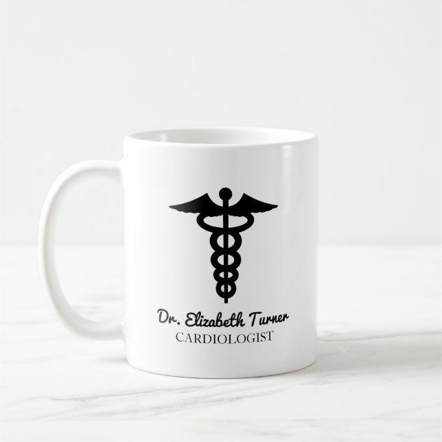 Minimal Black White Custom Name Doctor Caduceus  Coffee Mug (Left)