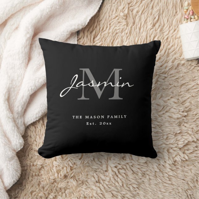 Minimal Black White Family Monogram Elegant Script Cushion (Blanket)