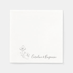 Minimal Black White Floral Line Art Custom Wedding Napkin
