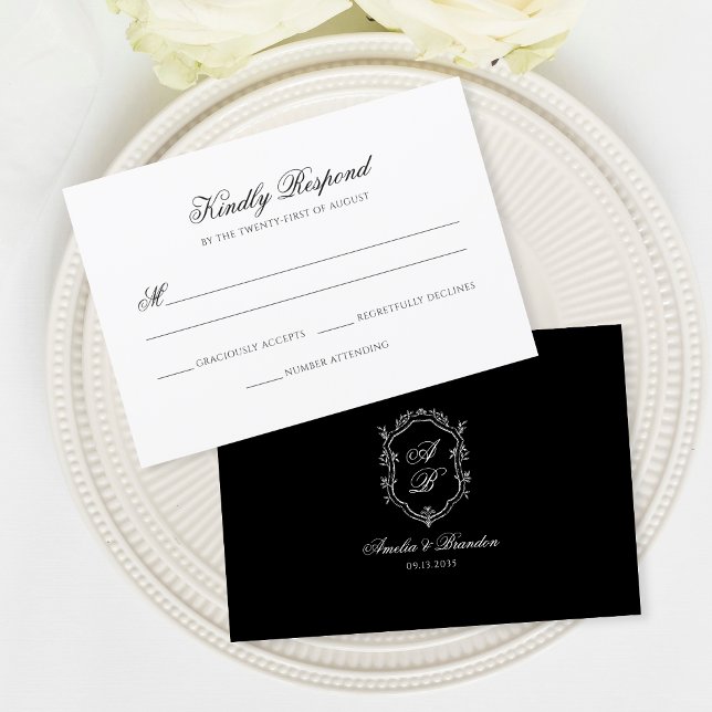 Minimal Black White Floral Monogram Crest Wedding RSVP Card (Creator Uploaded)