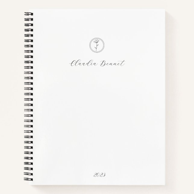 Minimal Black White Flower Logo & Script Name Notebook (Front)