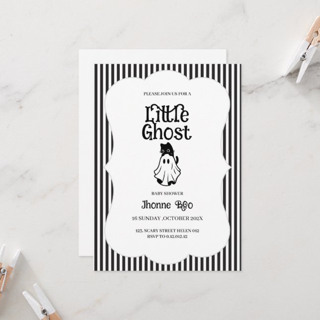 Minimal Black & White Ghost Baby Shower Invitation (Front/Back In Situ)