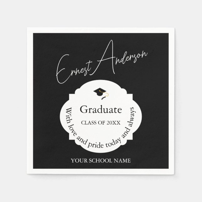 Minimal Black White Graduation Thank You Napkin (Front)