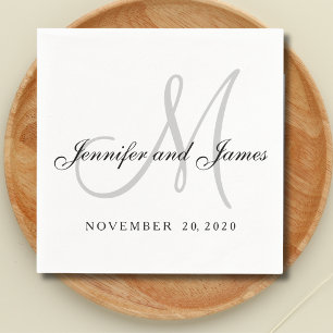 Minimal Black White Grey Monogram Script Wedding Napkin