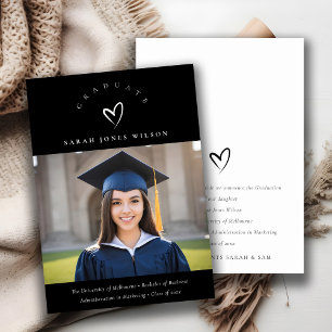 Minimal Black & White Heart Photo Graduation Hat Announcement