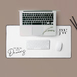 Minimal Black White Initials Working On My Dreams Desk Mat<br><div class="desc">Add a personalised touch to your work space with this modern black and white desk mat with space for your initials or business logo as well as a motivational quote that reads 'Working On My Dreams'. This minimalist computer desk mat design is perfect to use in your home office or...</div>