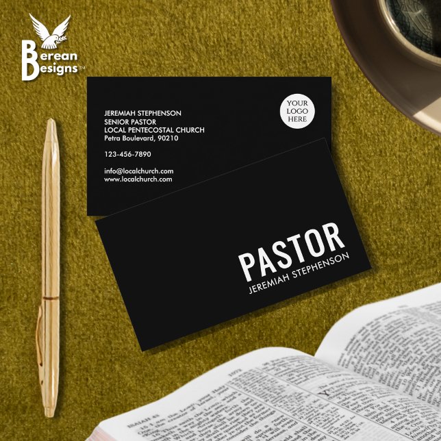 Minimal Black White Logo QR Code PASTOR Business Card (Stylish PASTOR business card in black and white with customizable QR code and logo.)