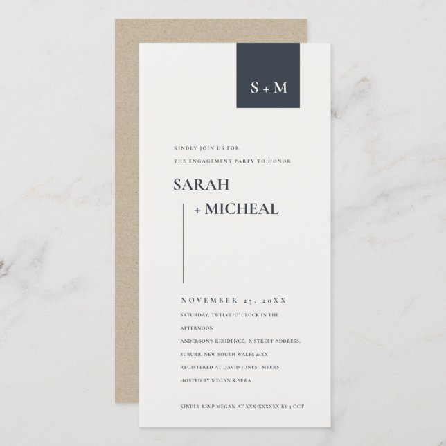 MINIMAL BLACK & WHITE MONOGRAM ENGAGEMENT INVITE (Front/Back)