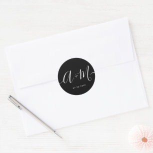 Minimal black white Monogram Script Wedding  Classic Round Sticker